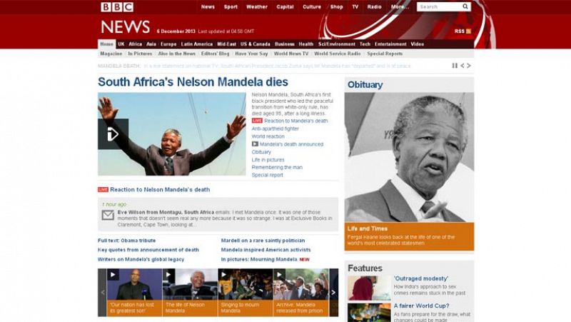 "Muere el sudafricano Nelson Mandela", es el titular elegido por la versión digital de la cadena británica BBC.