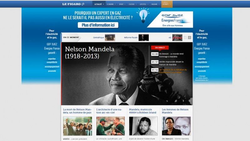 El diario francés 'Le Figaro'  informa de la muerte de Mandela limitándose a reflejar las fechas de su nacimiento y su muerte.