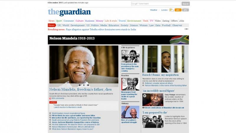 "Muere Mandela, el padre de la libertad", es el titular elegido por el diario británico 'The Guardian' en su versión digital.