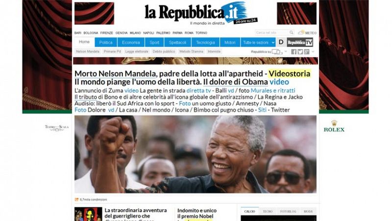 El medio italiano 'La Repubblica' abre con Mandela a tres columnas, titulando: "Muere Nelson Mandela, padre de la lucha contra el Apartheid"