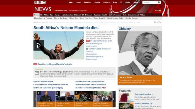 "Muere el sudafricano Nelson Mandela", es el titular elegido por la versión digital de la cadena británica BBC.