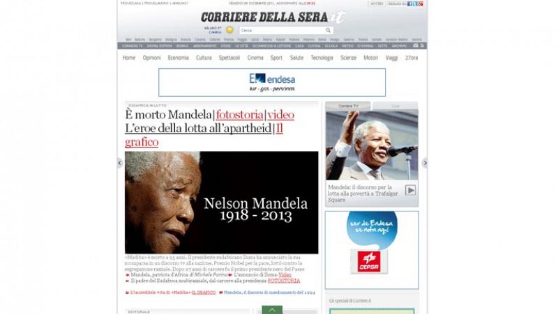 'Il Corriere della sera', sobrio, titula: "Ha muerto Mandela", y añade una fotografía en la que se incluye la fecha de nacimiento y muerte del líder sudafricano.