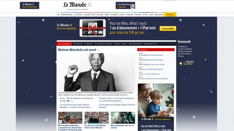 El medio francés 'Le Monde' titula: "Mandela ha muerto", con una fotografía del líder sudafricano con el puño alzado.