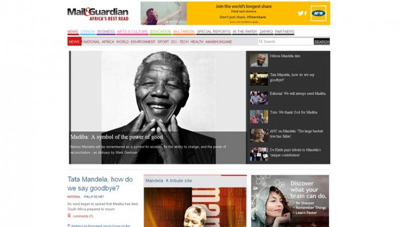 El medio sudafricano 'Mail Guardian' abre con el titular "Madiba: un símbolo del poder del bien", y añade "Tata (Papá) Mandela, ¿Cómo te decimos adiós?"