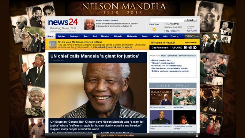 El diario sudafricano 'News 24' dedica toda su portada a Mandela y recoge el homenaje que le ha rendido Ban-Ki Moon, Secretario General de la ONU: "Mandela fue un gigante para la Justicia"