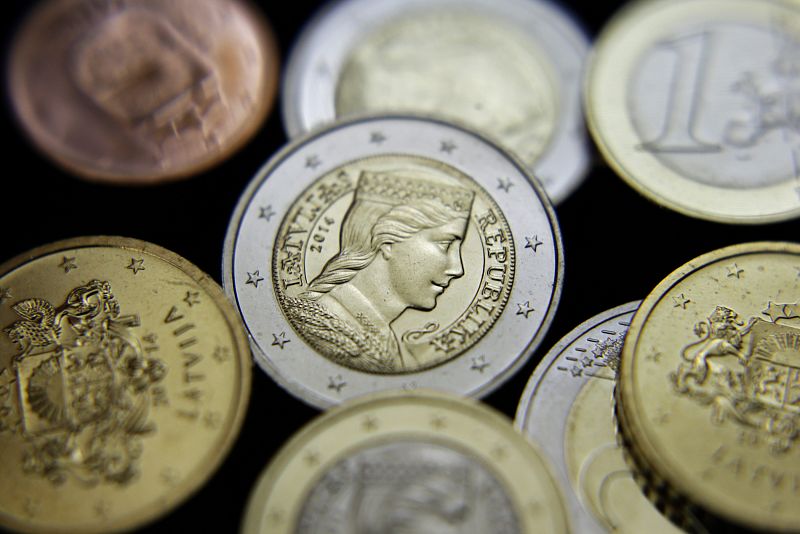 Latvia's euro coins are pictured during presentation in Riga
