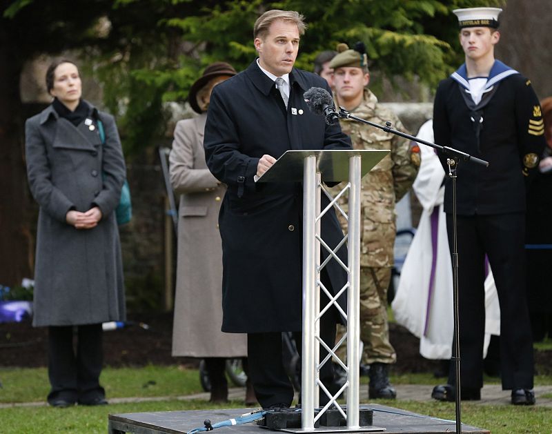 Transportation Security Administration representative, Craig Lynes, speaks at a memorial event on the 25th anniversary of the bombing of Pan Am flight 103, in the Dryfesdale Cemetery, in Lockerbie, Scotland