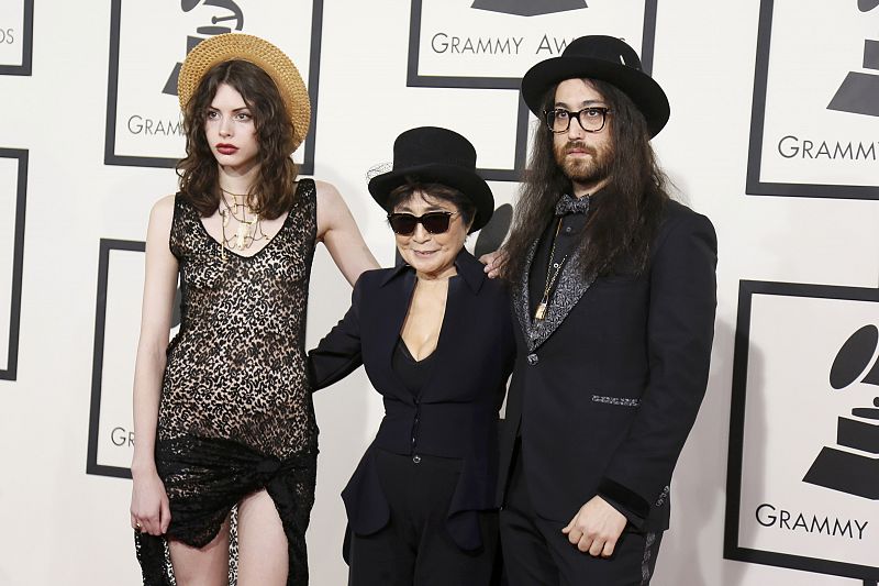 Model Muhl, Yoko Ono and Sean Lennon arrive at the 56th annual Grammy Awards in Los Angeles