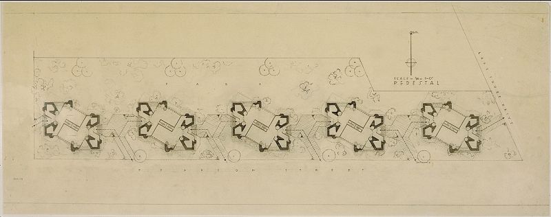 Torres agrupadas, Chicago. 1930. Planta de la base. Lápiz sobre papel de calco, 13 3/4 x 35 3/8" (34.9 x 89.9 cm).