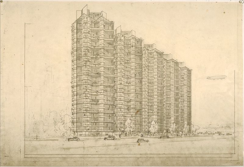 Torres agrupadas, Chicago. 1930. Perspectiva. Lápiz y tinta sobre papel, 19 x 28 1/4" (48.3 x 71.8 cm).