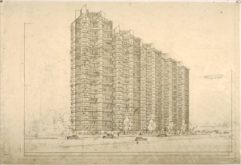Torres agrupadas, Chicago. 1930. Perspectiva. Lápiz y tinta sobre papel, 19 x 28 1/4" (48.3 x 71.8 cm). 