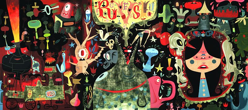 'Golden Plague', 2004. Tim Biskup, trabajo personal con acrílico, cel-vinilo y pan de oro sobre tabla