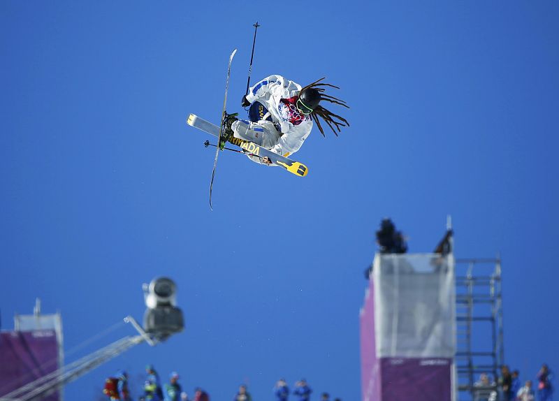Sweden's Henrik Harlaut performs jump during men's freestyle skiing slopestyle finals at 2014 Sochi Winter Olympic Games in Rosa Khutor
