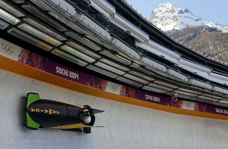 Jamaica's Watts speeds down the track during a two-man bobsleigh training session at the Sanki Sliding Center