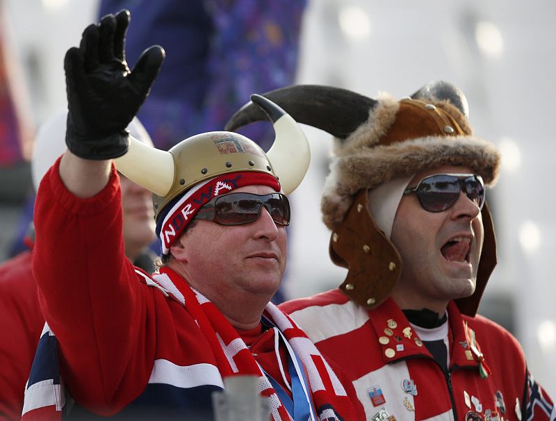 Norway fans watch the men's alpine skiing super G competition during the 2014 Sochi Winter Olympics at the Rosa Khutor Alpine Center