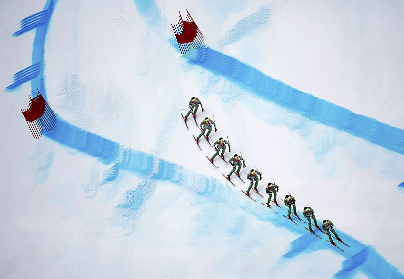 Belarus' Danilochkin speeds down the course during the men's alpine skiing Super-G competition at the 2014 Sochi Winter Olympics