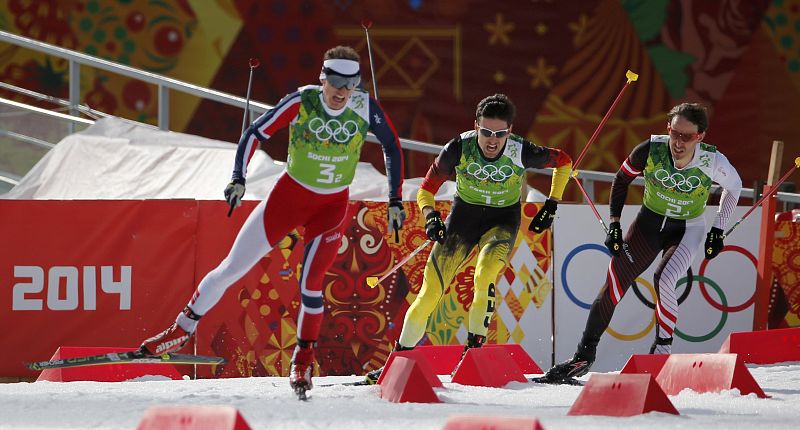 Klemetsen, Kircheisen and Bieler compete during the men's relay 4x5km cross-country race of the Nordic Combined team Gundersen event of the Sochi 2014 Winter Olympic Games