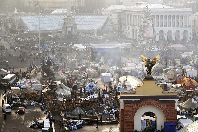 Aspecto de la Plaza de la Independencia en Kiev, en la mañana del viernes