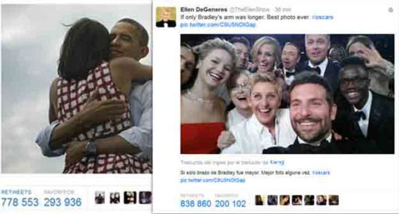 Ellen DeGeneres se hace una foto grupal con Meryl Streep, Jennifer Lawarence, Bradley Cooper y la mayoría de actores nominados. El selfie se ha convertido en el más retuiteado de la historia. El récord lo tenía el tuit con el que Barack Obama celebr