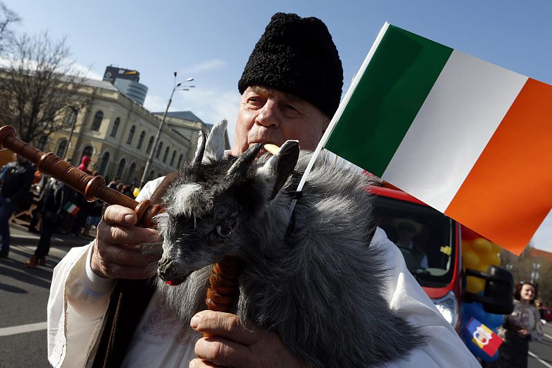 Bagpipers from Romania's Vrancea region performs as guests for Irish St Patrick's Day parade in Bucharest