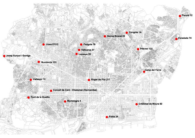 Mapa con la ubicación de las parcelas a concurso del 'Plan de Buits' de Barcelona