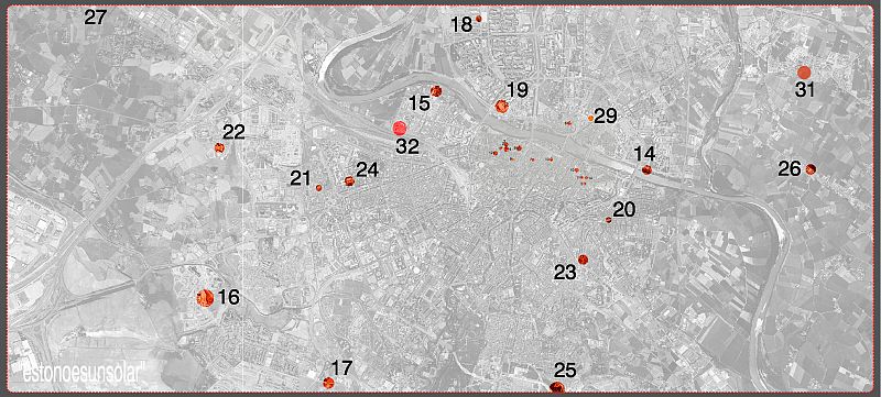 Plano de ubicación de los solares transformados por el proyecto 'Esto no es un solar' de Zaragoza