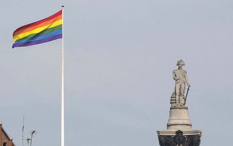 A rainbow flag flies, marking the first day Britain has allowed same sex marriages in Whitehall, central London