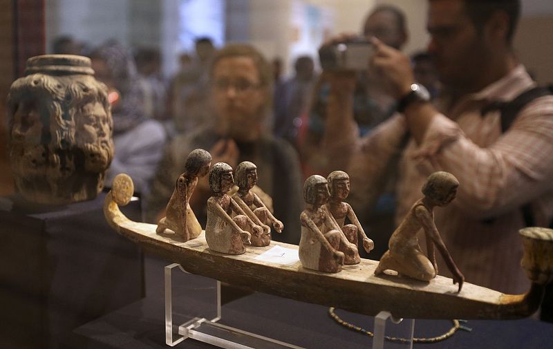 An artefact is seen on display during the inauguration of an exhibition of repatriated historical objects at the Egyptian Museum in Cairo