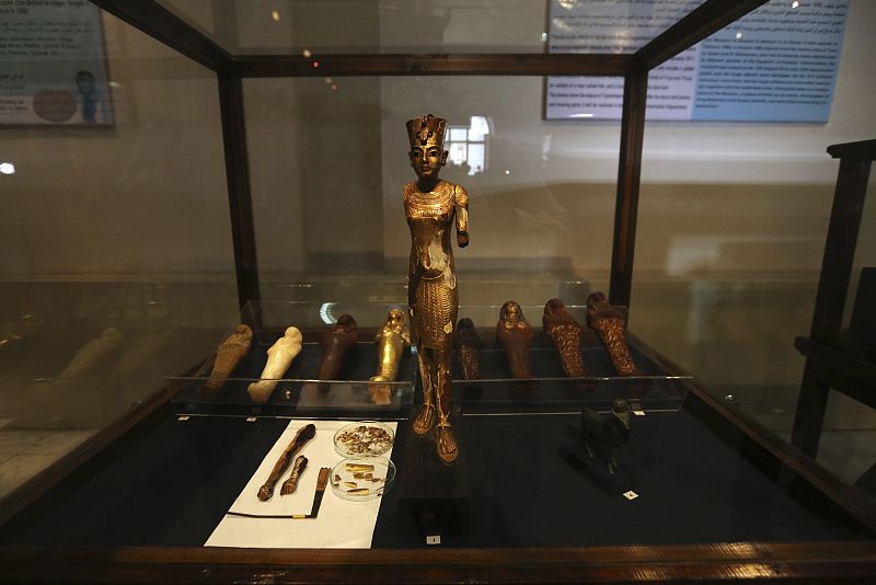 An artefact is seen on display during the inauguration of an exhibition of repatriated historical objects at the Egyptian Museum in Cairo