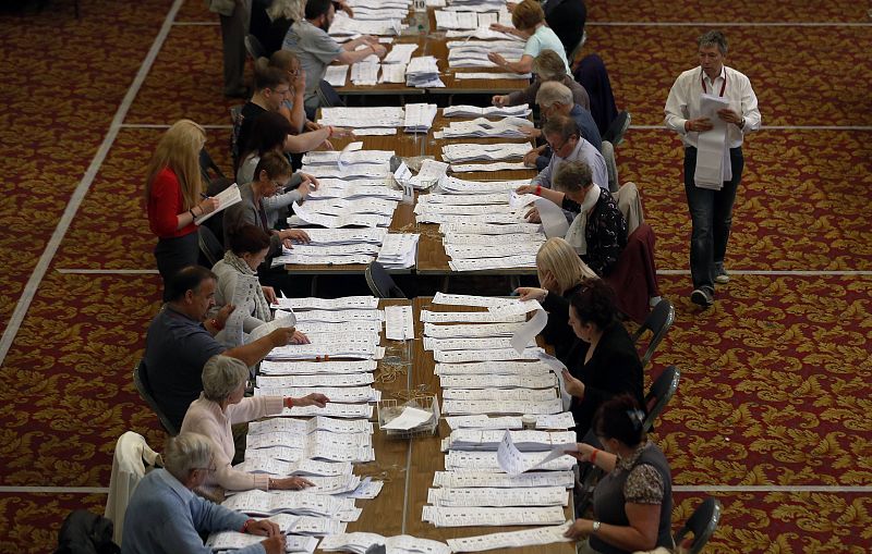 European Parliamentary election ballot papers, from the local area, are prepared to be counted, in Southampton