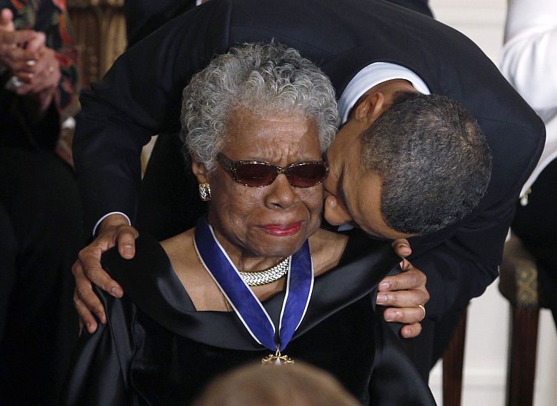 File photo of Maya Angelou receiving a Medal of Freedom from U.S. President Barack Obama at the White House in Washington