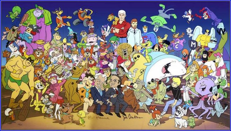 William Hanna y Joseph Barbera rodeaos por sus personajes  