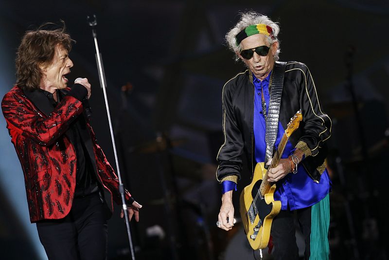 Mick Jagger and Keith Richards of The Rolling Stones perform during their "14 on Fire" concert in Madrid