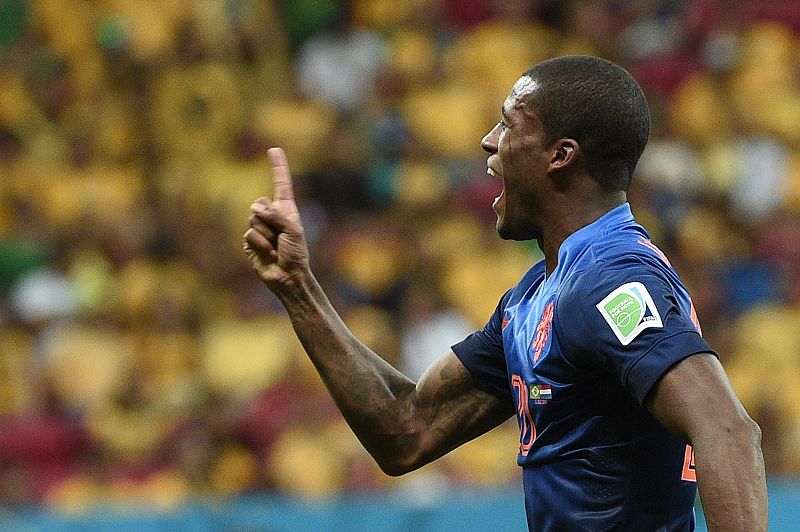 Wijnaldum celebra el tercer gol de Holanda