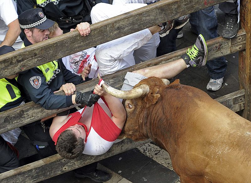 El toro "Olivito" se ha cebado con el corredor hasta que ha podido ser retirado por un hueco del vallado