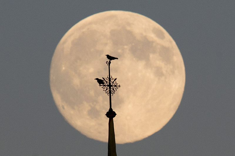 La luna llena vista sobre el cielo de Berlín, Alemania.