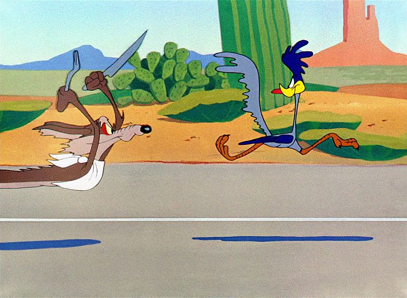 Fotograma de "Beep beep" mostrando a El Coyote y a Correcaminos (1952)