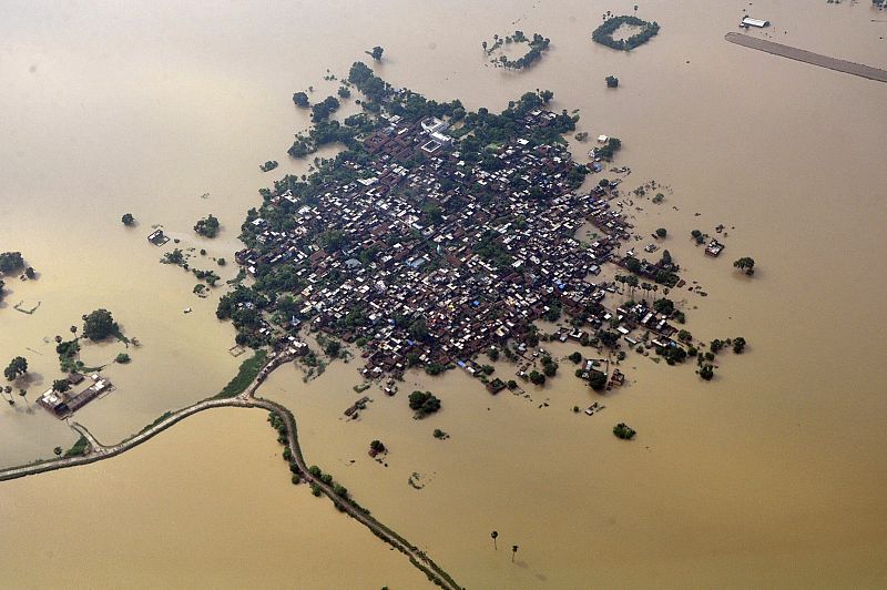 Vista áerea de una zona residencial afectada por las fuertes inundaciones de estas semanas en Nalanda, India