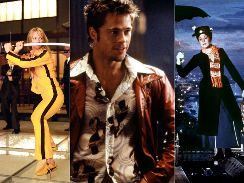 Tres ejemplos de prendas que se asocian rápidamente con los protagonistas de la película:  "Kill Bill", "El Club de la lucha" y "Mary Poppins".