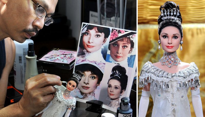 Noel Cruz customizando una muñeca de Audrey Hepburn en 'My Fair Lady'