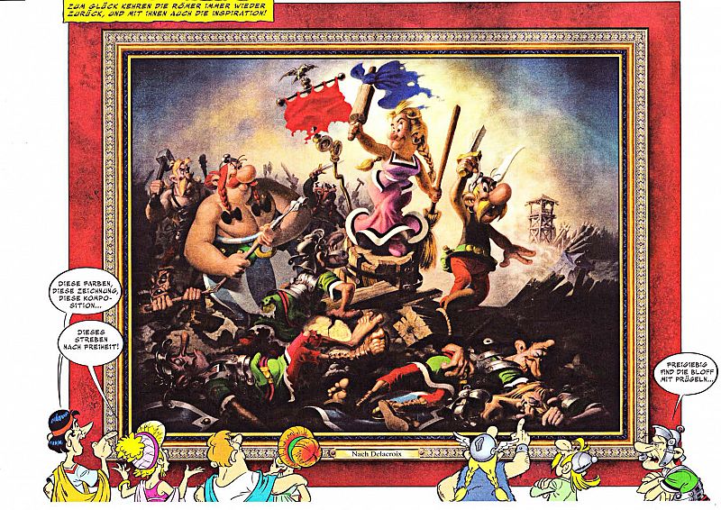 La libertad guiando al pueblo (1830), de Eugène Delacroix en el cómic L'anniversaire d'Astérix et Obélix, le livre d'Or (2009), de René Goscinny y Albert Uderzo