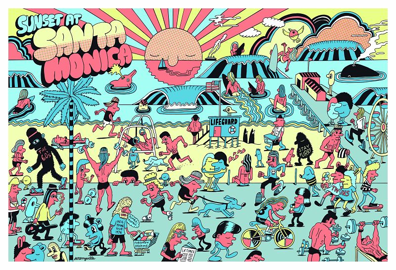 Jeremyville. Atardecer en Santa Mónica. Tendergreens. (L:A: Estados Unidos), pluma sobre papel y digital, 2011.