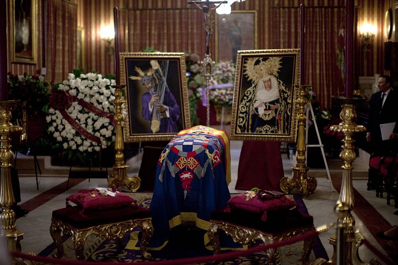 The coffin of Spain's Duchess of Alba is seen in the town hall of the Andalusian capital of Seville