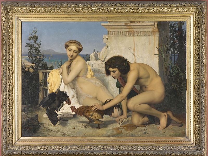 Jean-Léon Gérôme 'Jóvenes griegos poniendo dos gallos a pelear', también llamado 'La pelea de gallos' (1846). París, Musée d'Orsay