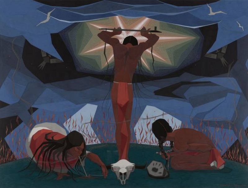 Oscar Howe, Mazuha Hokshina,  Chico Comerciante (1915-1983), Yanktonai, South Dakota, "Calling on Wakan Tanka" (1962)