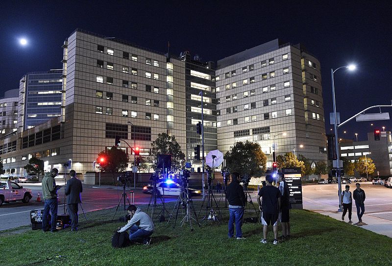 Members of the media wait outside The Ronald Reagan UCLA Medical Center, where actor Harrison Ford is receiving medical help after crashing his single engine plane, in Los Angele