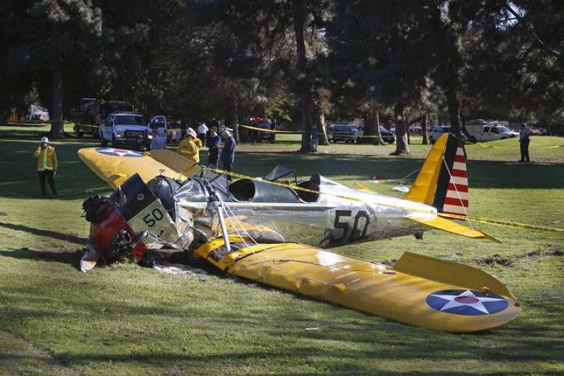 An airplane sits after crash landing at Penmar Golf Course in Venice, Los Angeles