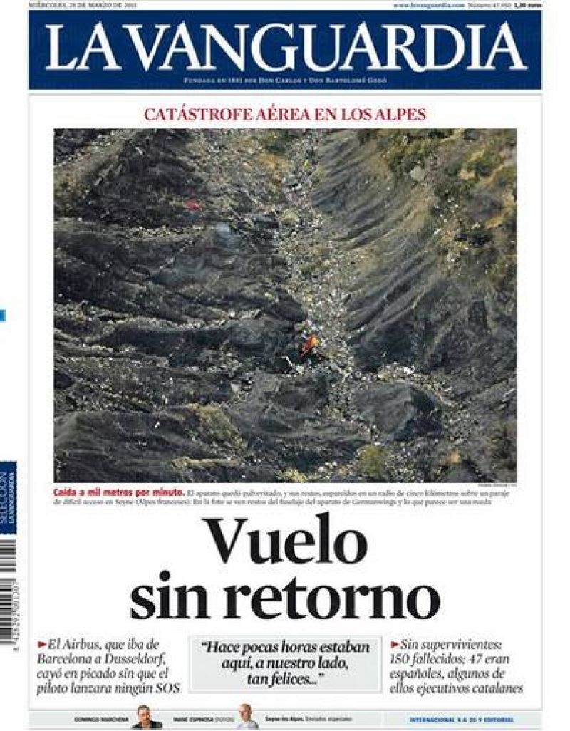  "Vuelo sin retorno" es el titular que elige 'La Vanguardia' que destaca en el pie "caída a 1.000 metros por minuto".
