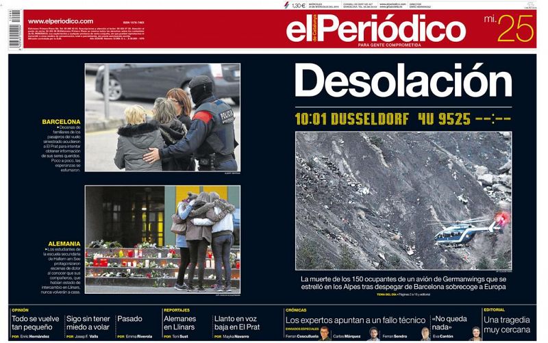 A toda página 'El Periódico' titula "Desolación" e ilustra la portada con un marcador que muestra la hora de salida y el vacío de la hora de llegada del avión con destino Düsseldorf.