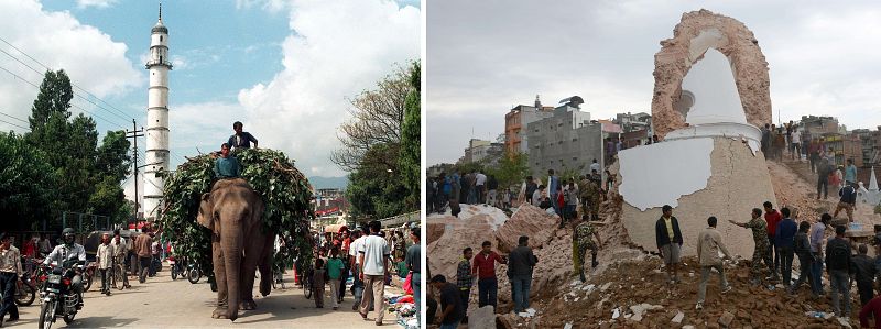 La torre Dharahara antes y después del terremoto de Nepal